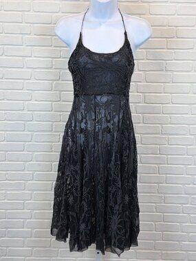 Biya Embroidered Mesh Halter Dress Black XS